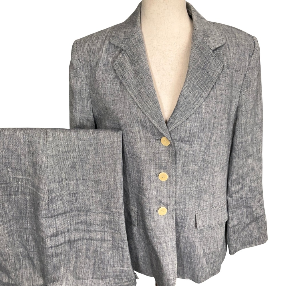 Talbots Pant Suit Womens 14P Blue Irish Linen 3-Button Coastal Luxury Minimalist